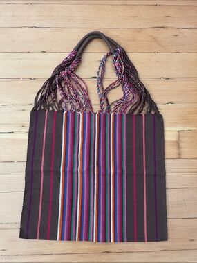 Artisan Brown Striped Women’s Tote Bag with Colorful Braided Handles cotton